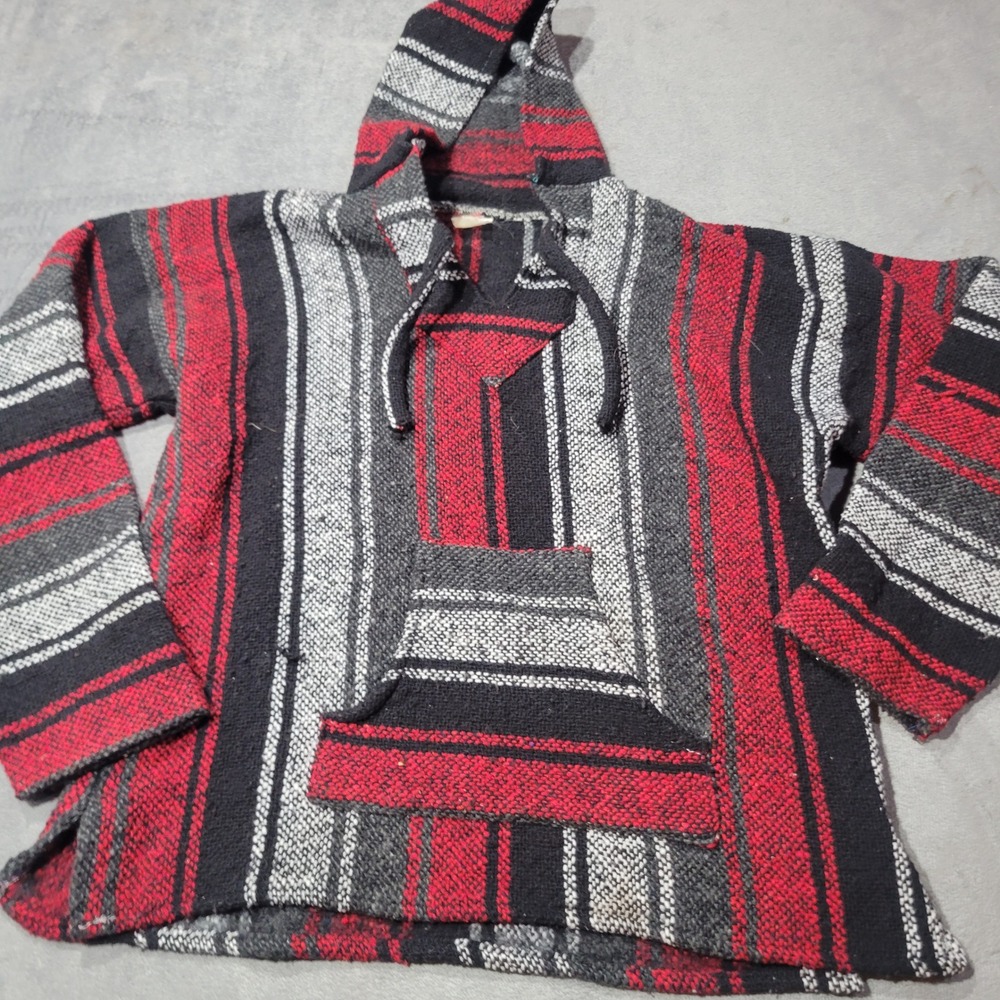 Unbranded Baja Hoodie Men L Red Black White Striped Jerga Surf Hippie Boho Woven